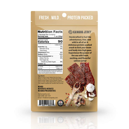 Kaimana Jerky Wild Caught Salmon Jerky - Organic Gourmet Smoked Dried Fish Strips Rich in Omega-3 & Protein - Low-Calorie Seafood Snack with No Gluten, Less Sodium & Sugar - Original Flavor - 3/2oz Pack