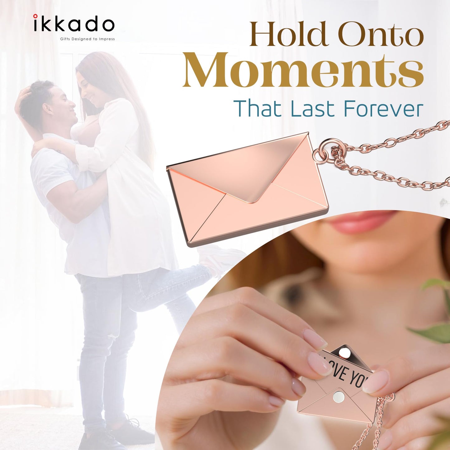 ikkado Custom Envelope Necklace with Love Letter Pendant – Personalised Locket Jewellery for Women – Gift for Birthday, Mother’s Day, Valentine’s, Christmas (Rose Gold) Locally Made (USA)