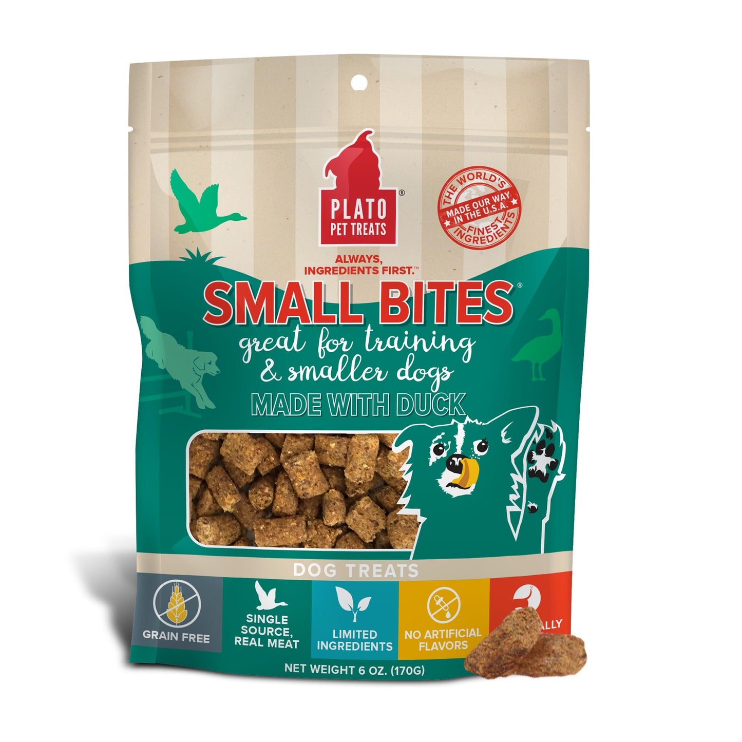 Plato Pet Treats Air Dried Small Bites Dog Treats, Natural Bite Sized Real Meat & Duck, Grain Free & High Protein, Made in the USA, 6oz