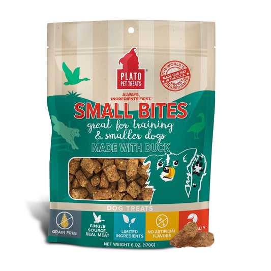 Plato Pet Treats Air Dried Small Bites Dog Treats, Natural Bite Sized Real Meat & Duck, Grain Free & High Protein, Made in the USA, 6oz