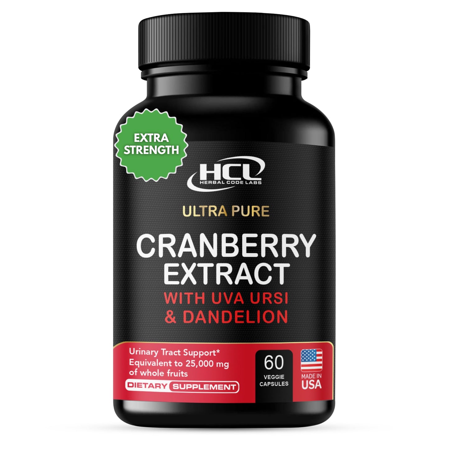 Cranberry Extract Pills - Super Strength 50:1 Whole Fruit Concentrate Equals to 25,000mg of Fresh Cranberries Plus Dandelion & Uva Ursi - Natural UTI Support - Kidney Cleanse & Urinary Tract Health