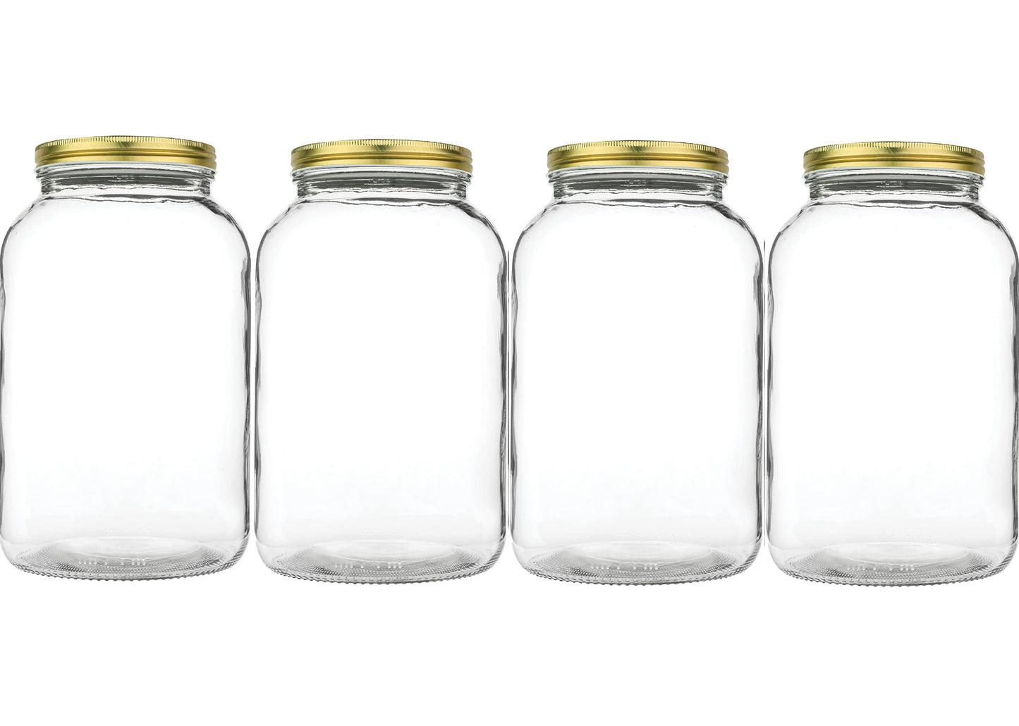 kitchentoolz 1 Gallon Glass Large Mason Jar Wide Mouth with Metal Airtight Lids (4 Pack) - Fermentation Kombucha Kefir Kimchi - Storing Canning Pickling Containers -Gold Lids