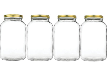 kitchentoolz 1 Gallon Glass Large Mason Jar Wide Mouth with Metal Airtight Lids (4 Pack) - Fermentation Kombucha Kefir Kimchi - Storing Canning Pickling Containers -Gold Lids