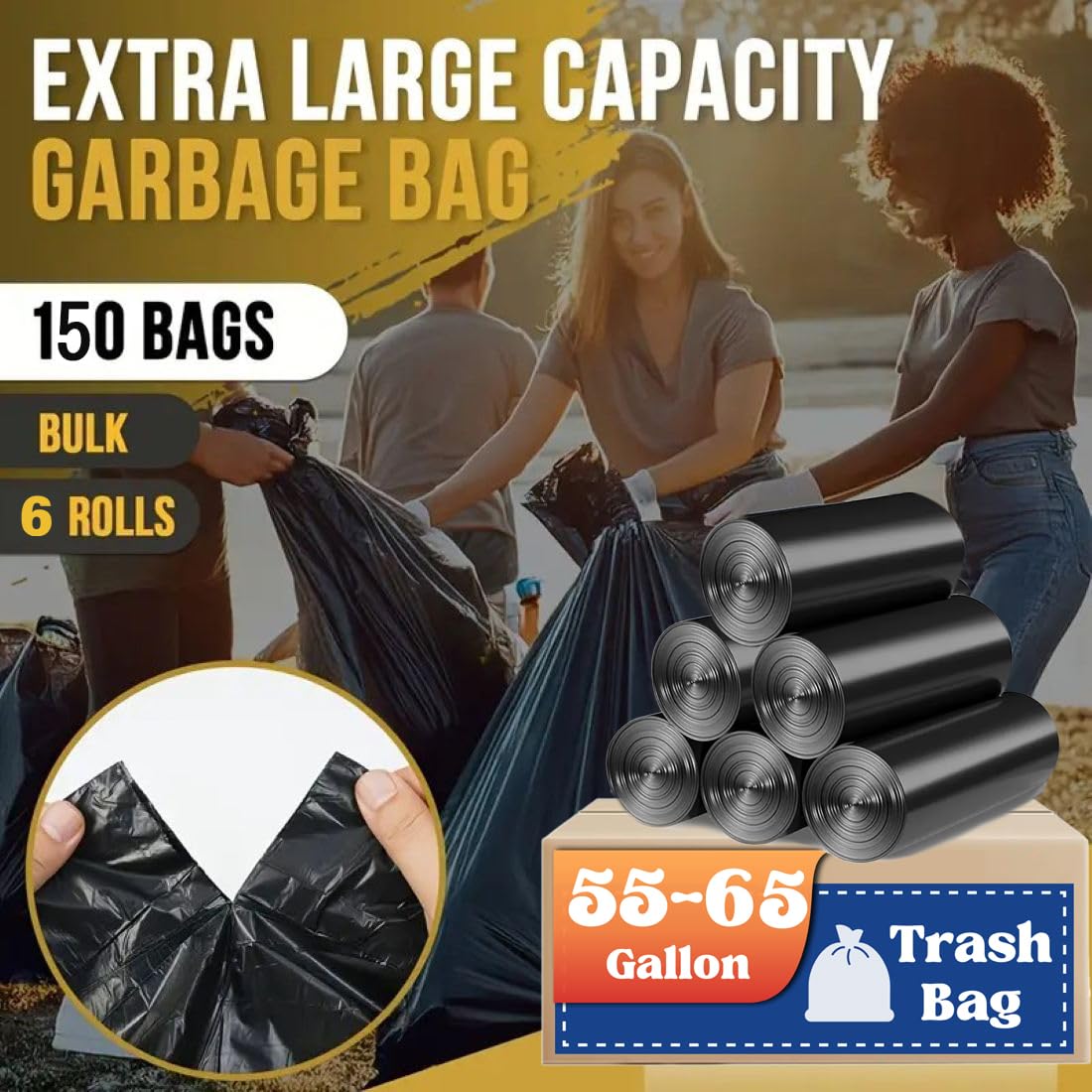 55-60 Gallon Trash Bags, 150 Count 38x55" Large Garbage Bags, Made in USA, High Density Multi-Use Lawn Leaf bags, Heavy Duty Waste Bags, Large Trash Liners for Kitchen Yard Outdoor Commercial Use