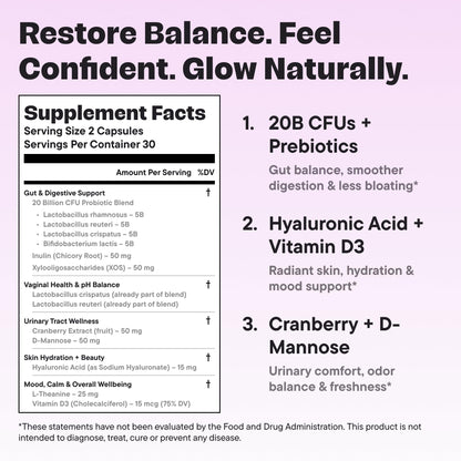 VitalForm Women’s Probiotic with 20B CFU – 5-in-1 Vaginal, Gut, Urinary, Skin & Mood Support – D-Mannose, Cranberry, Hyaluronic Acid, L-Theanine, Vitamin D – Vegan, Non-GMO – 30 Capsules