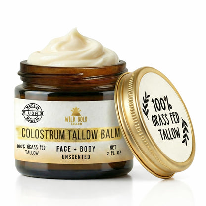 Wild Gold Tallow 100% Grass Fed Tallow Balm with Colostrum & Emu Oil - Handmade Whipped Beef Tallow for Face and Body, Sensitive Skin Tallow Moisturizer made with True First Colostrum, (Unscented)