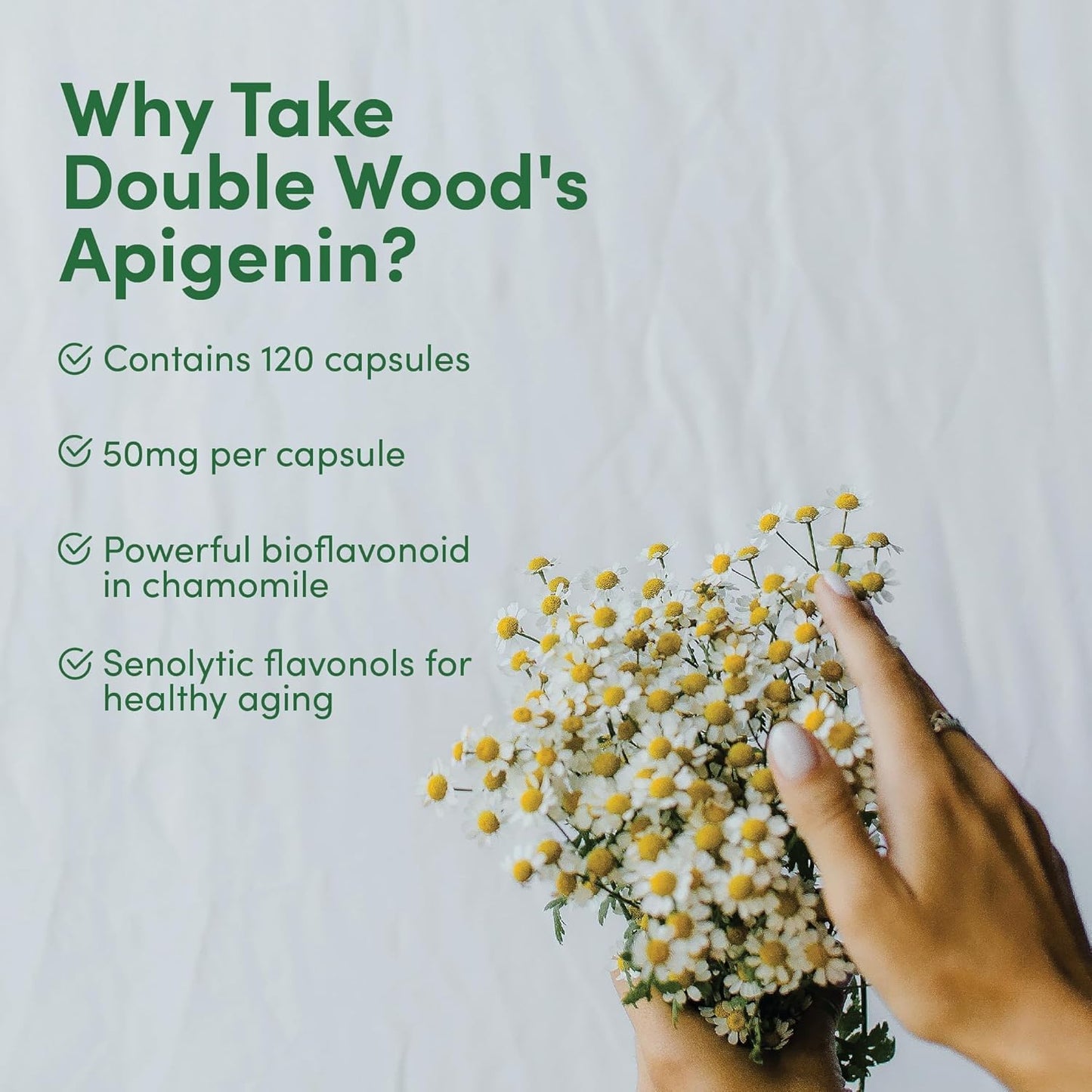 Apigenin Supplement - 50mg per Capsule, 120 Count (Powerful Bioflavonoid Found in Chamomile Tea for Relaxation, Sleep, and Mood) Senolytic Flavonols for Aging (Gluten Free) by Double Wood