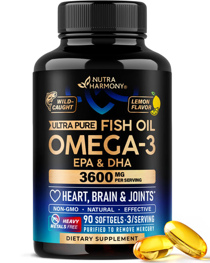 Omega 3 Fish Oil 3600 mg - Omega 3 Supplement | EPA & DHA - Heavy Metals Free - Heart, Brain & Joint Support - Purified Fish Oil for Men & Women - Lemon Flavored - Made in USA, 90 Softgels