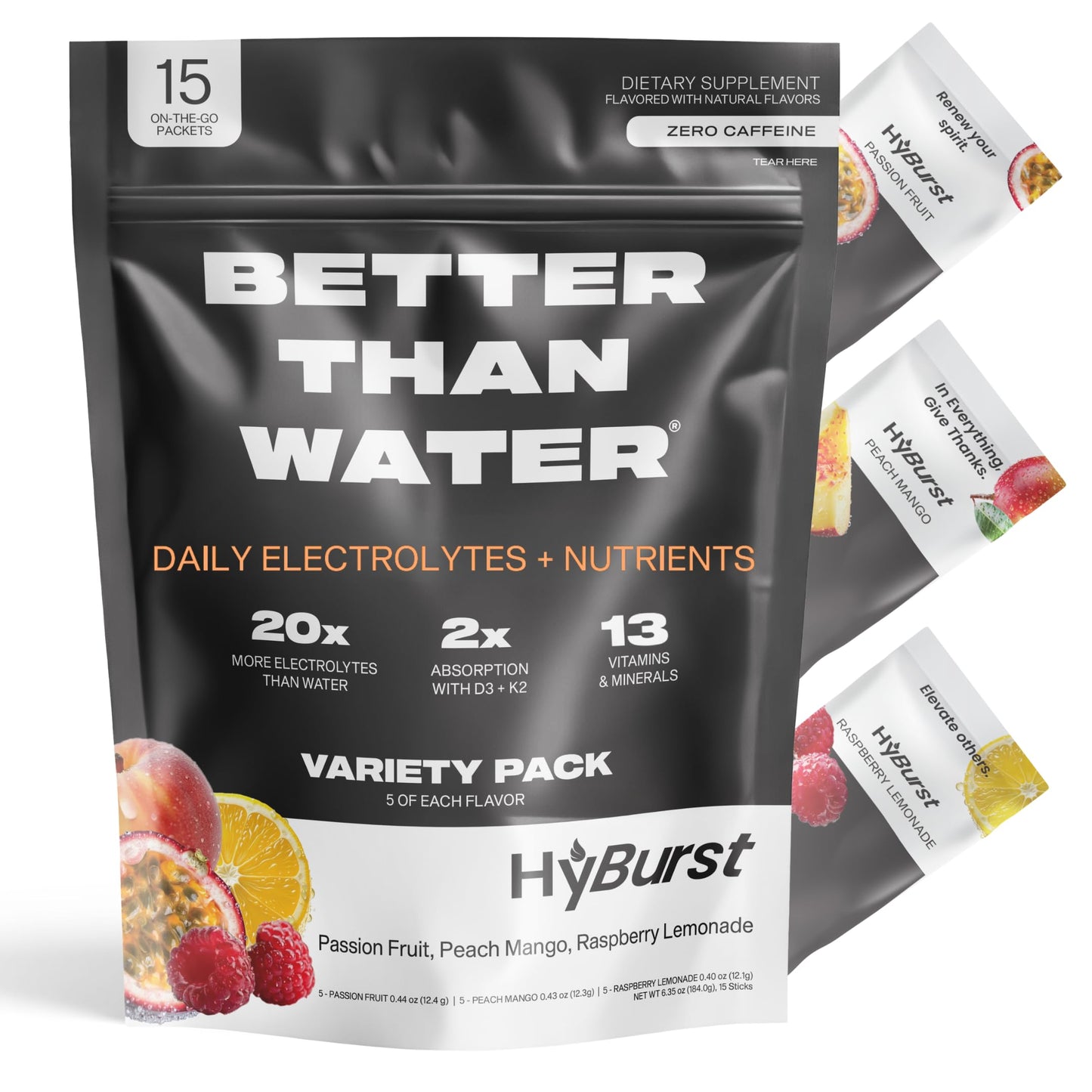 Hyburst Electrolyte & Vitamin Supplement Powder, Drink Mix with B12, L-Theanine, D3, K2, Zinc, Magnesium, Potassium, Supports Calm Focus & Energy, Tropical Variety Pack, 15 Pack