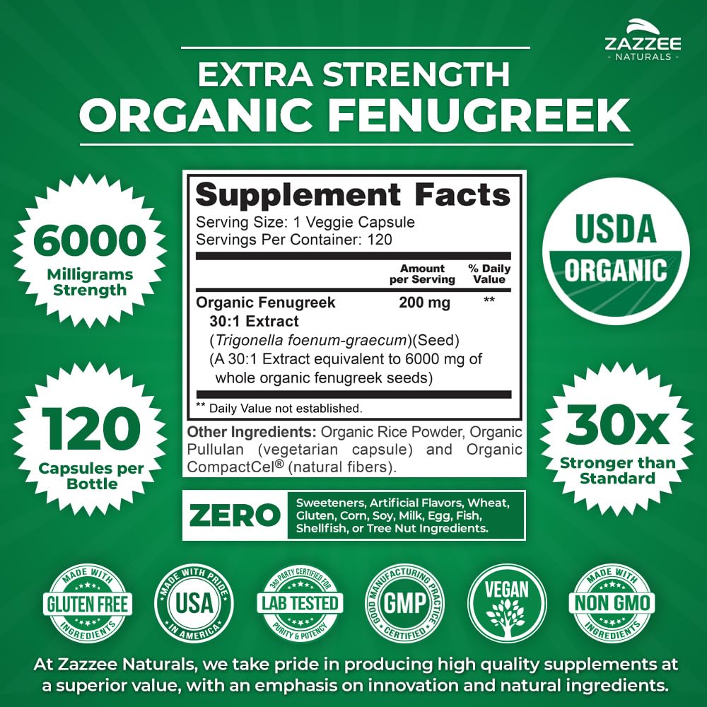 Zazzee USDA Organic Fenugreek 30:1 Extract, 6000 mg Strength, 120 Vegan Capsules, 4 Month Supply, Standardized and Concentrated 30X Extract, 100% Vegetarian, All-Natural and Non-GMO