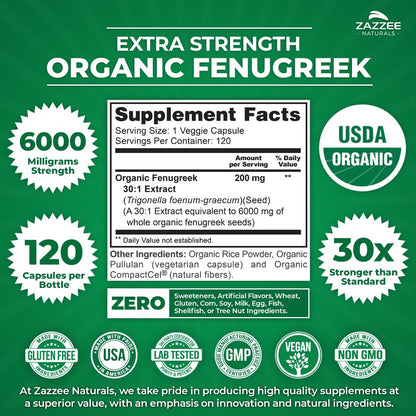 Zazzee USDA Organic Fenugreek 30:1 Extract, 6000 mg Strength, 120 Vegan Capsules, 4 Month Supply, Standardized and Concentrated 30X Extract, 100% Vegetarian, All-Natural and Non-GMO