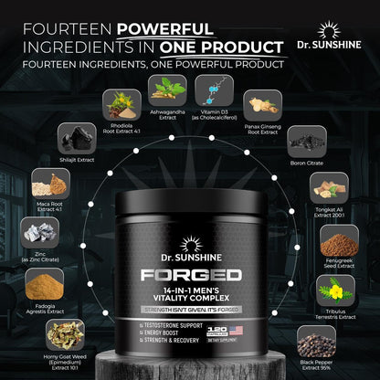 DR. SUNSHINE Forged 14 in 1 Shilajit for Men, Natural Energy, Men's Vitality Complex, Strength & Endurance Support with Fenugreek, Ashwagandha, Tongkat Ali, & More - 2 Month (120 Capsules)