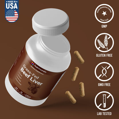 HARMONIFY Bovine Grass Fed Desiccated Beef Liver Capsules - Non-GMO, Gluten Free 120 Capsules, 30 Day Supply, Made in USA