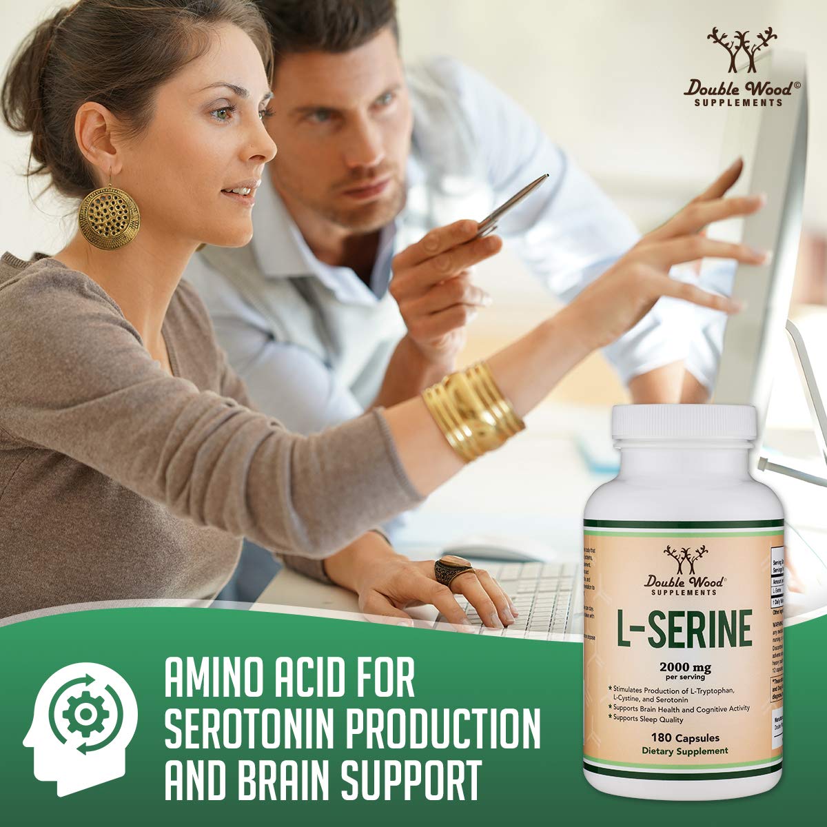 L-Serine Capsules (Third Party Tested) - 2,000mg Servings Used in Clinical Study, 180 Count, 500mg per Capsule (L Serine Amino Acid for Serotonin Production and Brain Support) by Double Wood