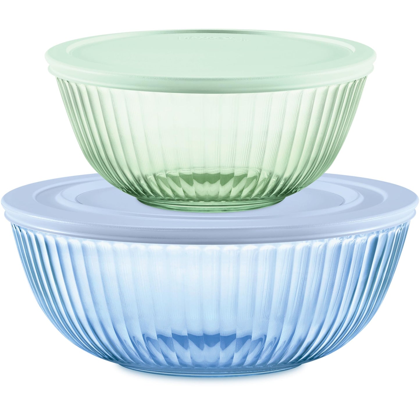 Pyrex Colors (2-Pack) Sculpted Tinted Medium/Large Glass Mixing Bowls With Lids, Nesting Space Saving Set of Bowls For Prepping and Baking, 2.3QT & 4.5QT