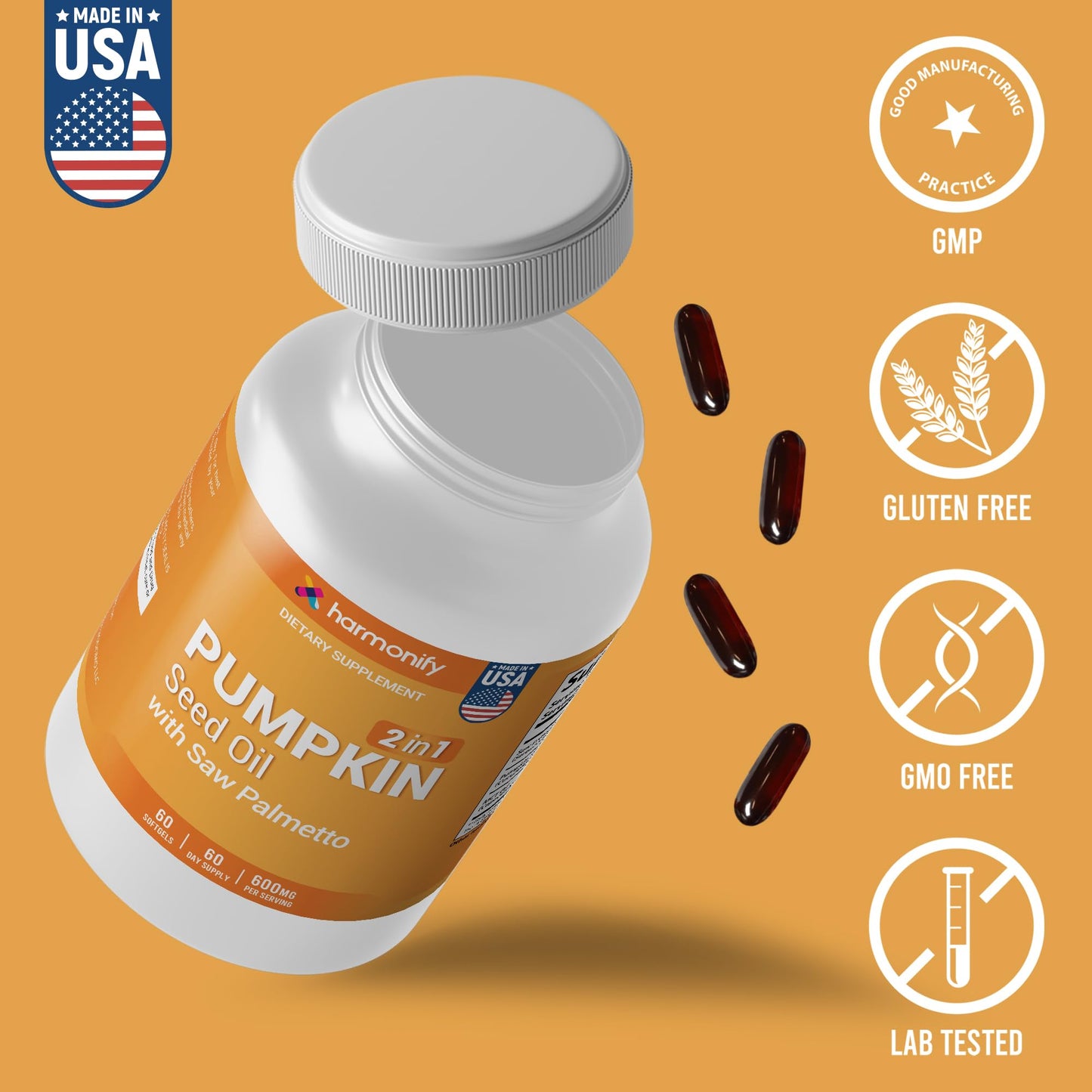 HARMONIFY Pumpkin Seed Oil with Saw Palmetto Softgels, 2-in-1 Formula Herbal Supplement, Non-GMO & Gluten-Free, 60 Days Supply