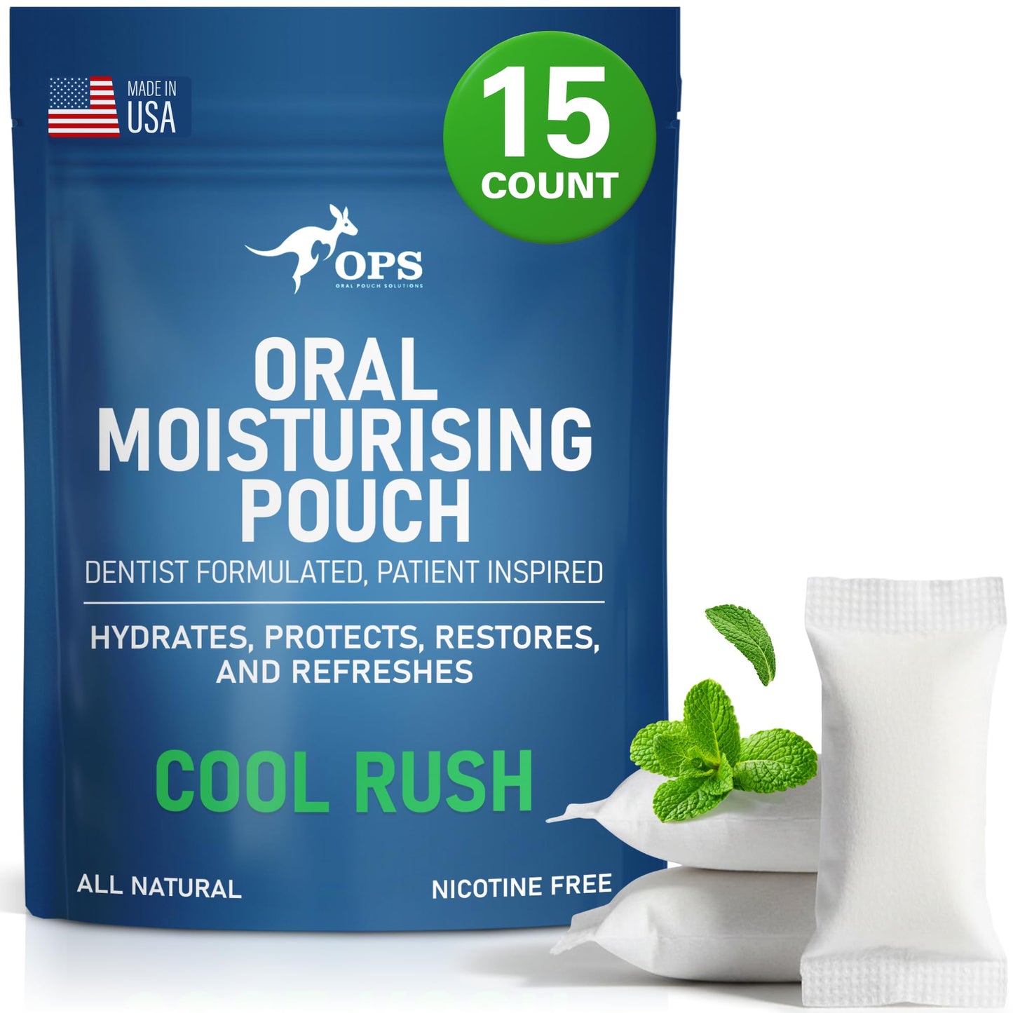OPS Cool Rush 4-1 Oral Moisturizing Pouch - Breath Mints Pouches, Xylitol Mints Pouches, Mouth Moisturizer | Saliva Substitute | Contains Xylitol & Menthol (Mint)
