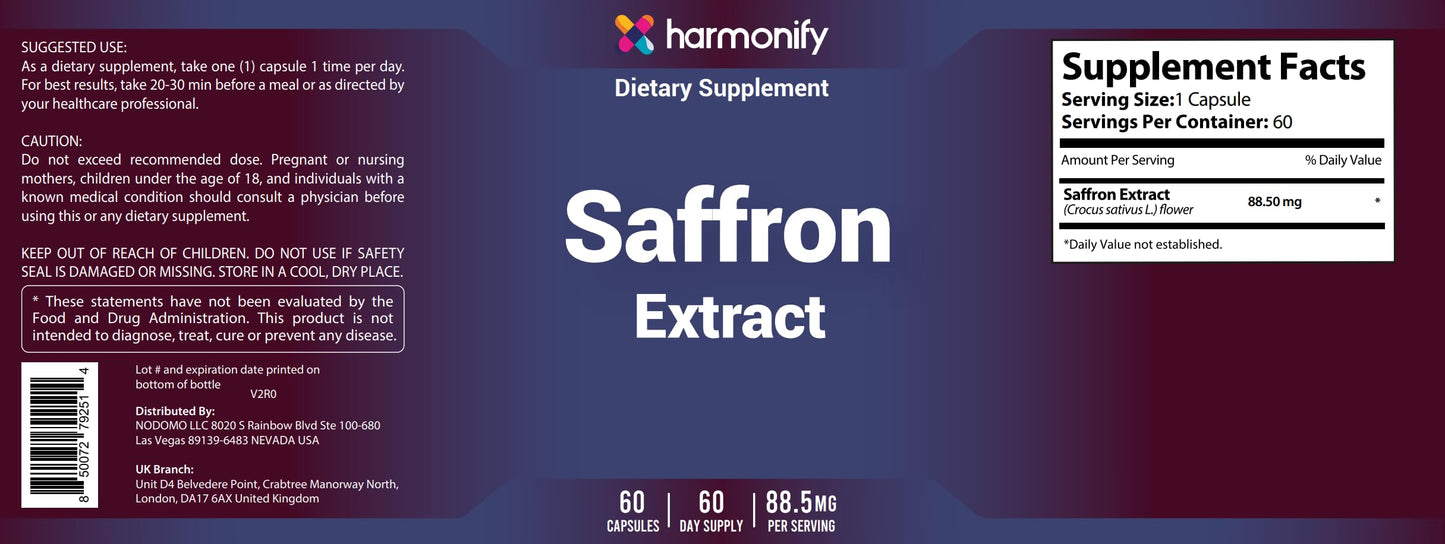 HARMONIFY Saffron Supplements 88.5mg – Mood, Eye & Appetite Support – 60 Capsules | Natural Saffron Supplement from Crocus Sativus L. | Non-GMO, Vegan-Friendly