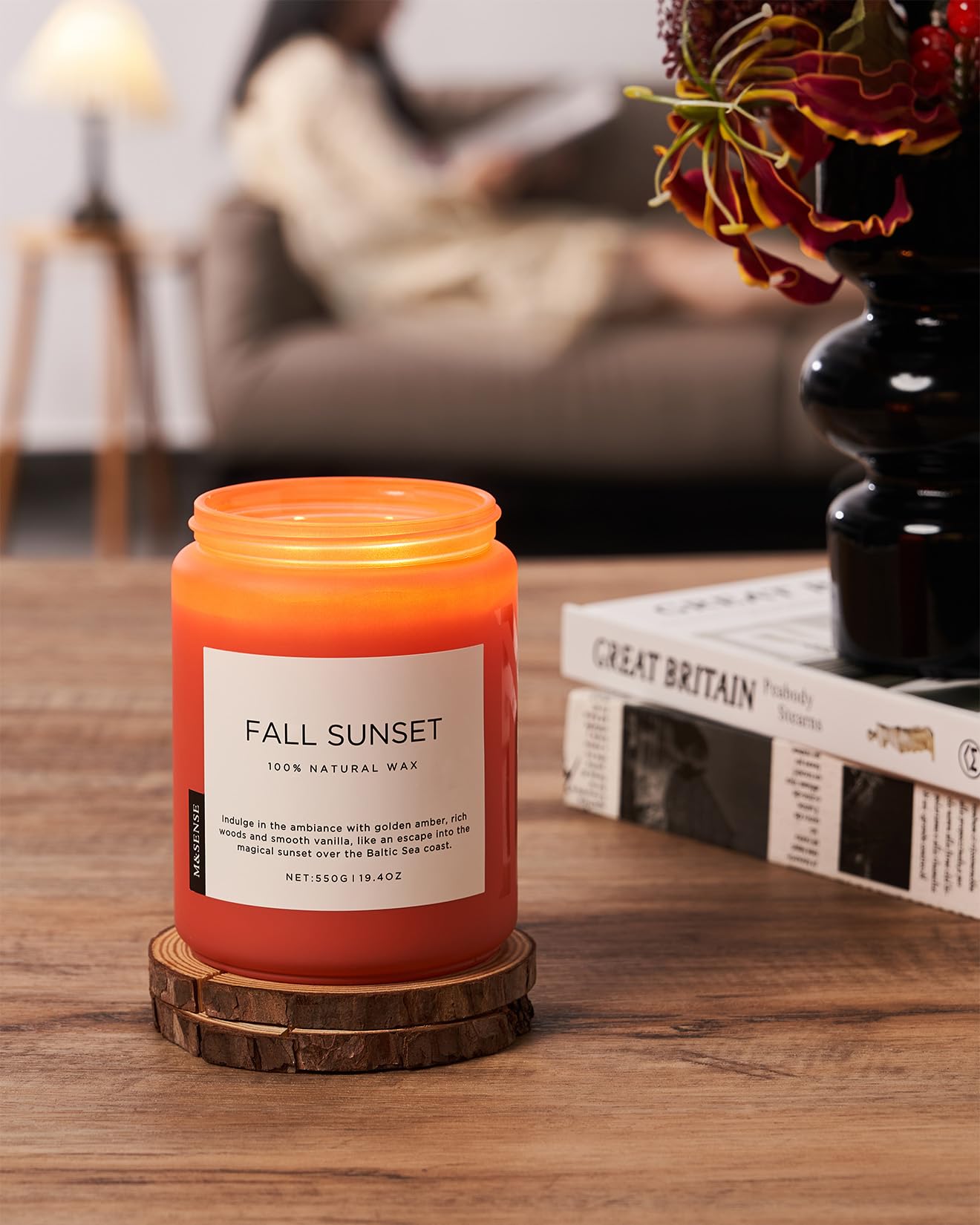 M&SENSE Fall Sunset Amber Scented 19.4oz 110 Hours Long Lasting Slow Burning Candle for Housewarming, Large Natural Soy Organic Relaxing Aromatherapy Candle Gifts for Women Men