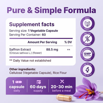 Saffron Supplements - 100% Pure Saffron Extract Capsules - Boost Energy & Mood, Support Eye & Heart Health, Focus, Vision - Pure Saffron Extract 88.5 mg - Made in USA for Women & Men - 60 Capsules