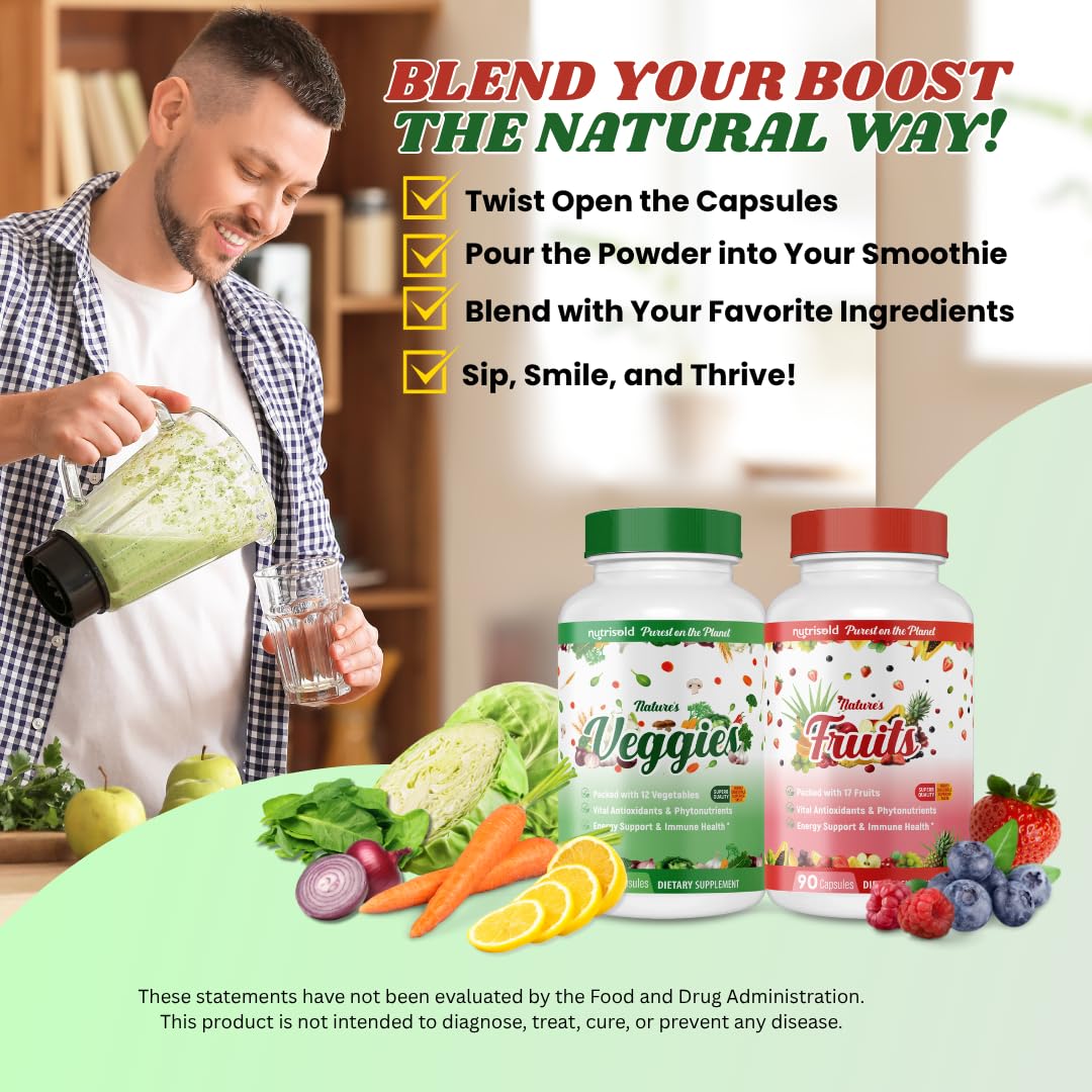 Nutrisold Whole Food Fruits & Vegetables Supplement – Superfood Blend for Energy, Digestion & Immune Support – 90 Fruit & 90 Veggie Capsules – Made in USA
