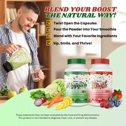 Nutrisold Whole Food Fruits & Vegetables Supplement – Superfood Blend for Energy, Digestion & Immune Support – 90 Fruit & 90 Veggie Capsules – Made in USA