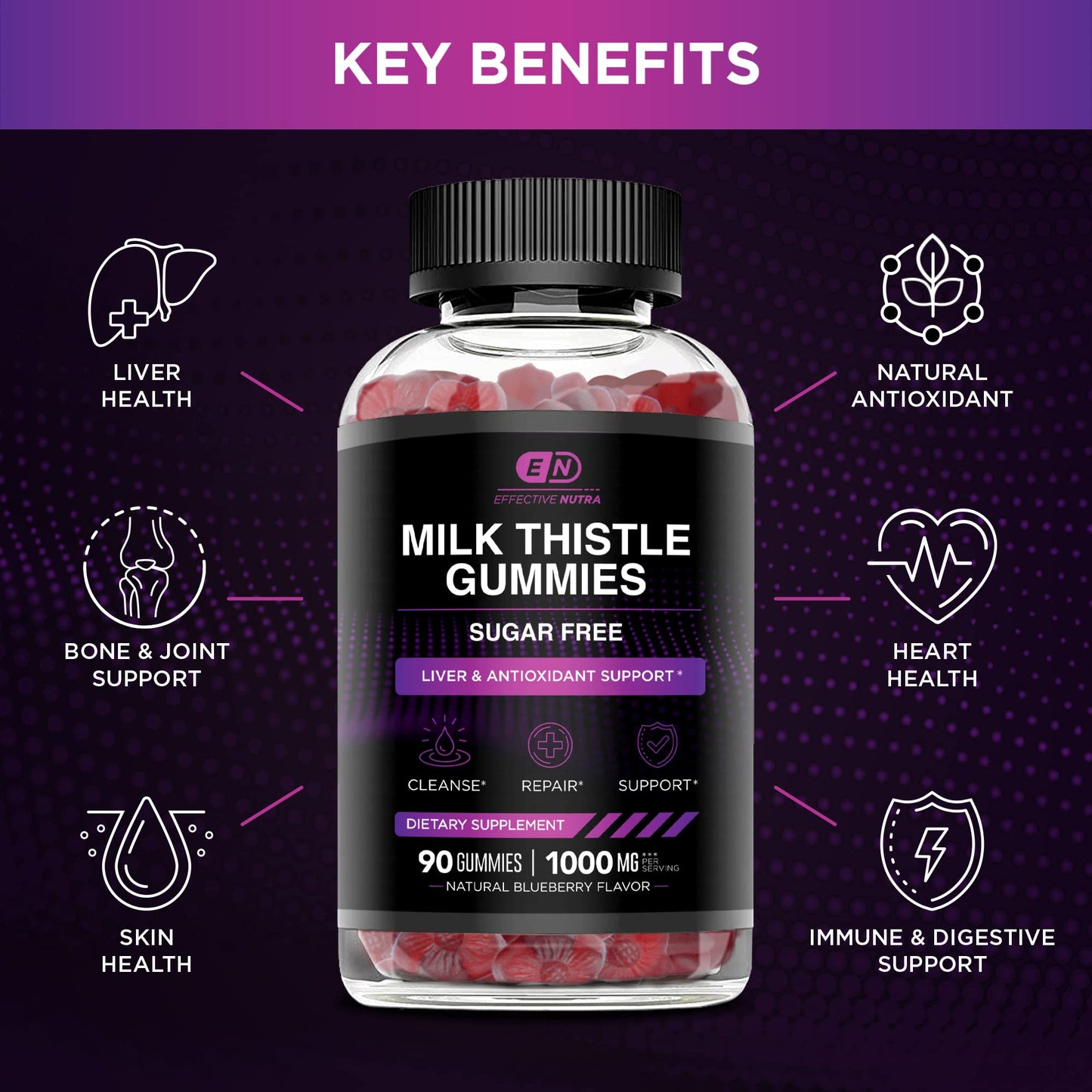 EFFECTIVE NUTRA Milk Thistle Gummies | Sugar-Free Milk Thistle Extract 1000mg for Liver Detox & Antioxidant Support | Vegan, Gluten-Free| 45-Day Supply, Natural Berry Flavor, Made in USA (90 Count)