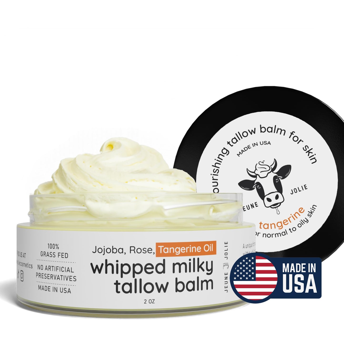 Jeune Jolie Whipped Milky Beef Tallow For Skin & Face | Made in USA | 100% Grass-Fed with All-Natural Organic Oils, Dewy Finish Beef Tallow Balm Moisturizer - For Normal to Oily Skin, Tangerine 2oz