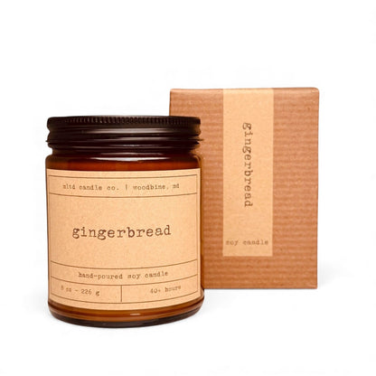 Gingerbread Soy Candle | Gingerbread, Nutmeg, Vanilla, Cinnamon Scented | 8 oz. | 40 Hour Burn Time | Non-Toxic, Phthalate-Free, Dye-Free | Hand-Poured | Amber Jar | Cotton Wick | Made in The USA