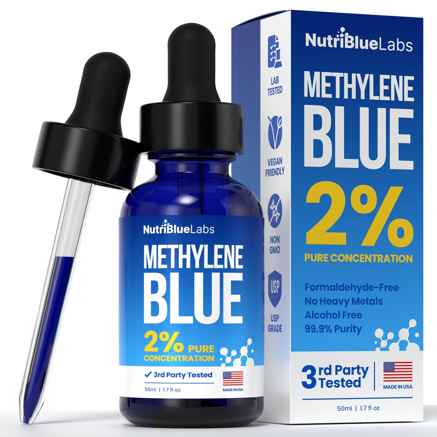 Methylene Blue 2% USP Grade Pharmaceutial Grade Solution, 3rd Party Tested, No Formaldehyde, Made in USA - 50 ML