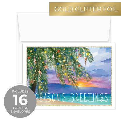 Canopy Street Masterpiece Tropical Sunset Cards / 16 Coastal Holiday Card Set With White Envelopes / 5 5/8" x 7 7/8" Warm Weather Palm Tree Vacation Greeting Cards With Meaningful Inside Verse