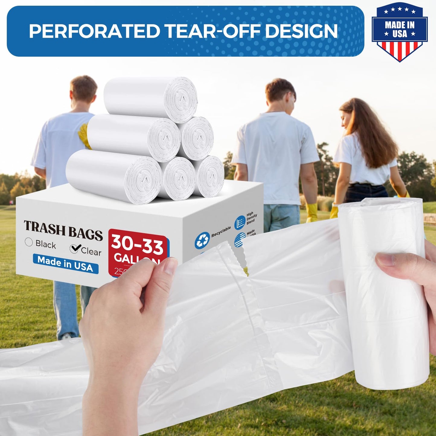 Fuxury 30-33 Gallon Trash Bags Medium Duty, 250 Count Garbage Bags, 32 x 38" Extra Large Clear Trash Bags, 0.6 Mil Plastic Bags for Serious Garbage Cleanup, Made in USA