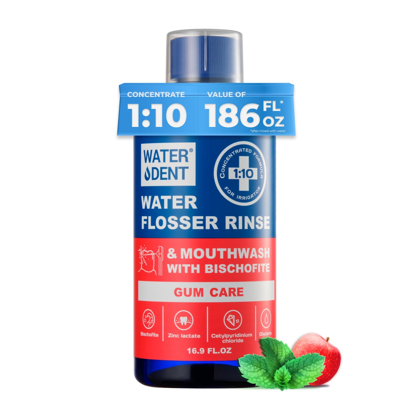 Concentrated Water flosser Rinse & mouthwash Gum Care| Add to Water Flosser & Oral irrigator | Apple Mint| Pack of 1 = 16.9 fl.oz | Alcohol Fluoride Free, Made in USA | WATER DENT