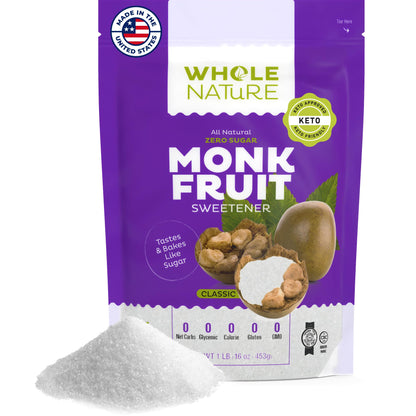 Whole Nature Monk Fruit Sugar Sweetener 1:1 Baking Sugar Substitute Made in the USA – Granulated Blend With Erythritol – Zero Calorie – Keto – Paleo – Non-GMO – Kosher - Natural Alternative – 1lb Pouch