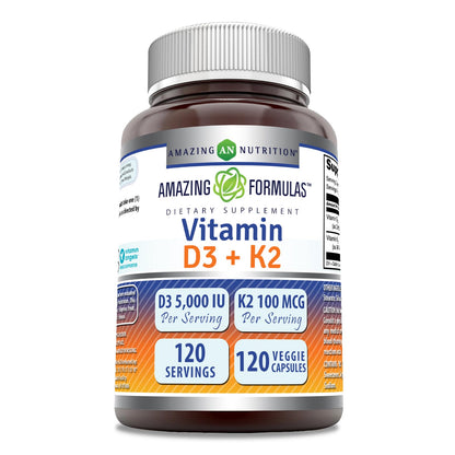 Amazing Formulas Vitamin D3 5000 IU with Vitamin K2 100 Mcg | 120 Veggie Capsules Supplement | Non-GMO | Gluten Free | Made in USA