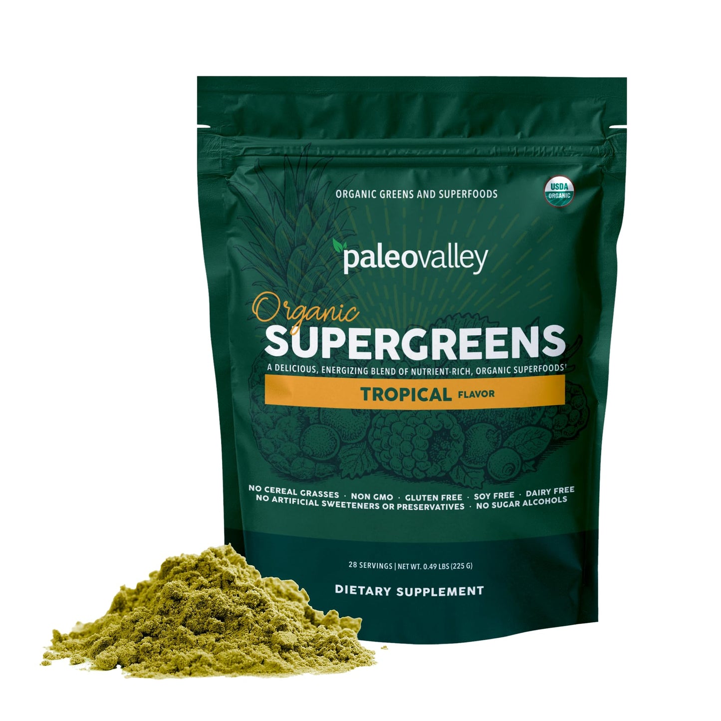 Paleovalley Organic Supergreens Powder - 23 Superfoods with Prebiotic Fiber for Energy and Immunity Support - No Cereal Grasses for Maximum Absorption - Tropical, 30 Servings