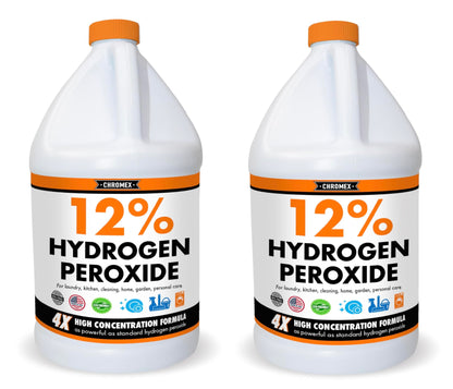 Chromex Hydrogen Peroxide 12 Percent Food Grade, 4x Power Concentrated Solution, 2 Gallons Dilute to 8 Gallons, Versatile Uses include Topical Care, Home, Kitchen, Bath Cleaner, Laundry, Whitening