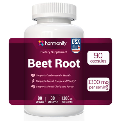 HARMONIFY Beet Root Capsules, Pure Beetroot Powder 1300 mg, Circulation Support Supplement, Vegan, Non-GMO, Gluten-Free – 90 Vegetable Capsules