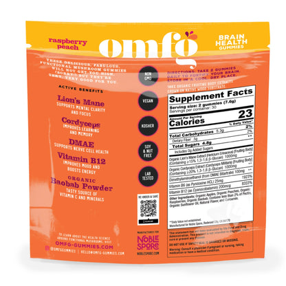 OH MY FUNGI GUMMIES Mushroom Supplement for Brain Health Support – Lions Mane, Cordyceps, B12, DMAE – Vegan Gummy for Focus, Energy & Clarity – Raspberry Peach Flavor (60 Count)