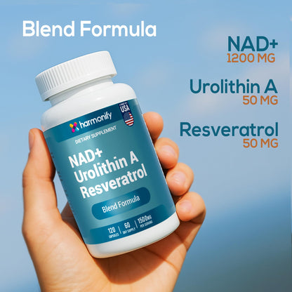 HARMONIFY NAD+ Nicotinamide Riboside Resveratrol with Urolithin A 1500mg, Advance Support Supplement, 120 Capsules 60-Day Supply, Proudly USA Company