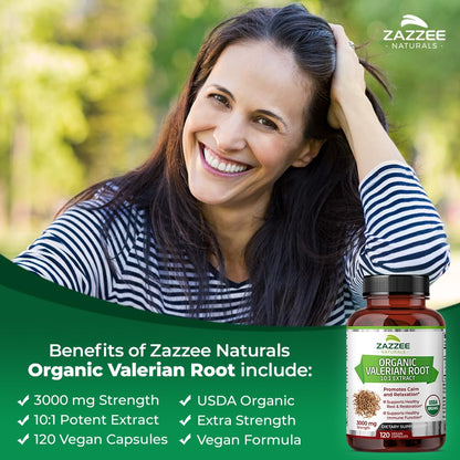 Zazzee USDA Organic Valerian Root 10:1 Extract, 3000 mg Strength, 120 Vegan Capsules, 4 Month Supply, Valeriana officinalis, 10X Potency, 100% Vegetarian, All-Natural, Non-GMO, Made in The USA