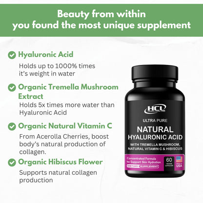 Natural Hyaluronic Acid Supplement 5X Stronger Hydration Pills from Pure Tremella Mushroom with Vitamin C & Hibiscus - Skin Supplement Anti Wrinkle Dietary Capsules - hair nails vitamins