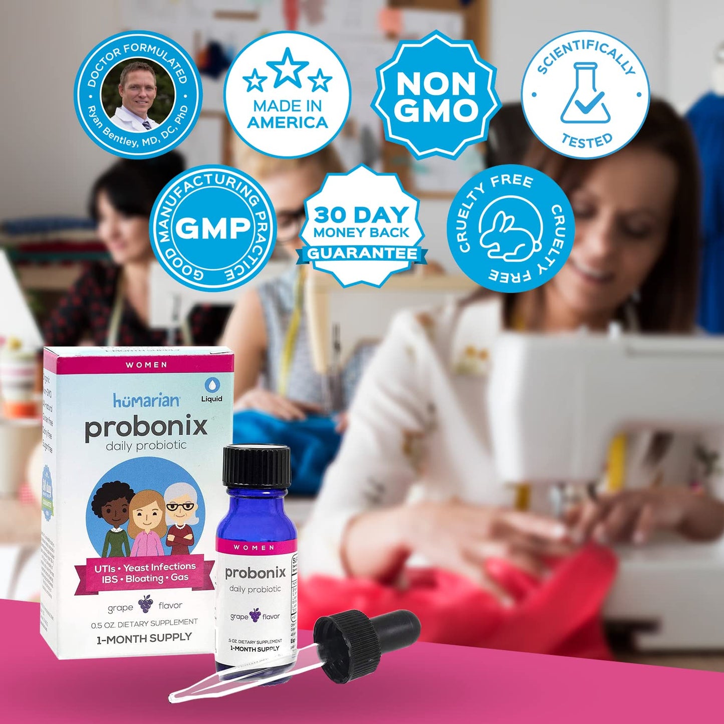 Probonix Humarian Liquid Probiotics for Women - 12-Strain Probiotic Drops to Fortify Women’s Gut Health, Vaginal Health, Immunity and Overall Wellness - 30-Day Supply - Delicious Grape Flavor