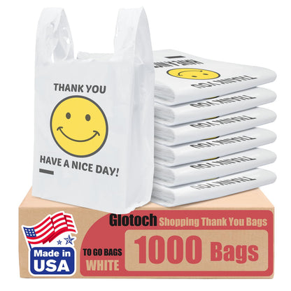 Glotoch 1000 Count - Plastic Thank You T-shirt Bags Smile Face White, 11.5 x 6.5"x 21" Grocery Bags with Handles for Restaurant, Retail, Grocery Store, Takeout, Convenience Stores, Shopping Bag in Bulk