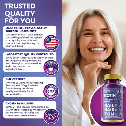 SUNUV Biotin 10,000mcg | Collagen | Keratin - 80,000mcg Hair Growth Vitamins for Women & Men,Skin & Nails Support - Hyaluronic Acid & Vitamins B1,B2,B3,B5,B6,B9,B12 -Made in USA-90 Capsules