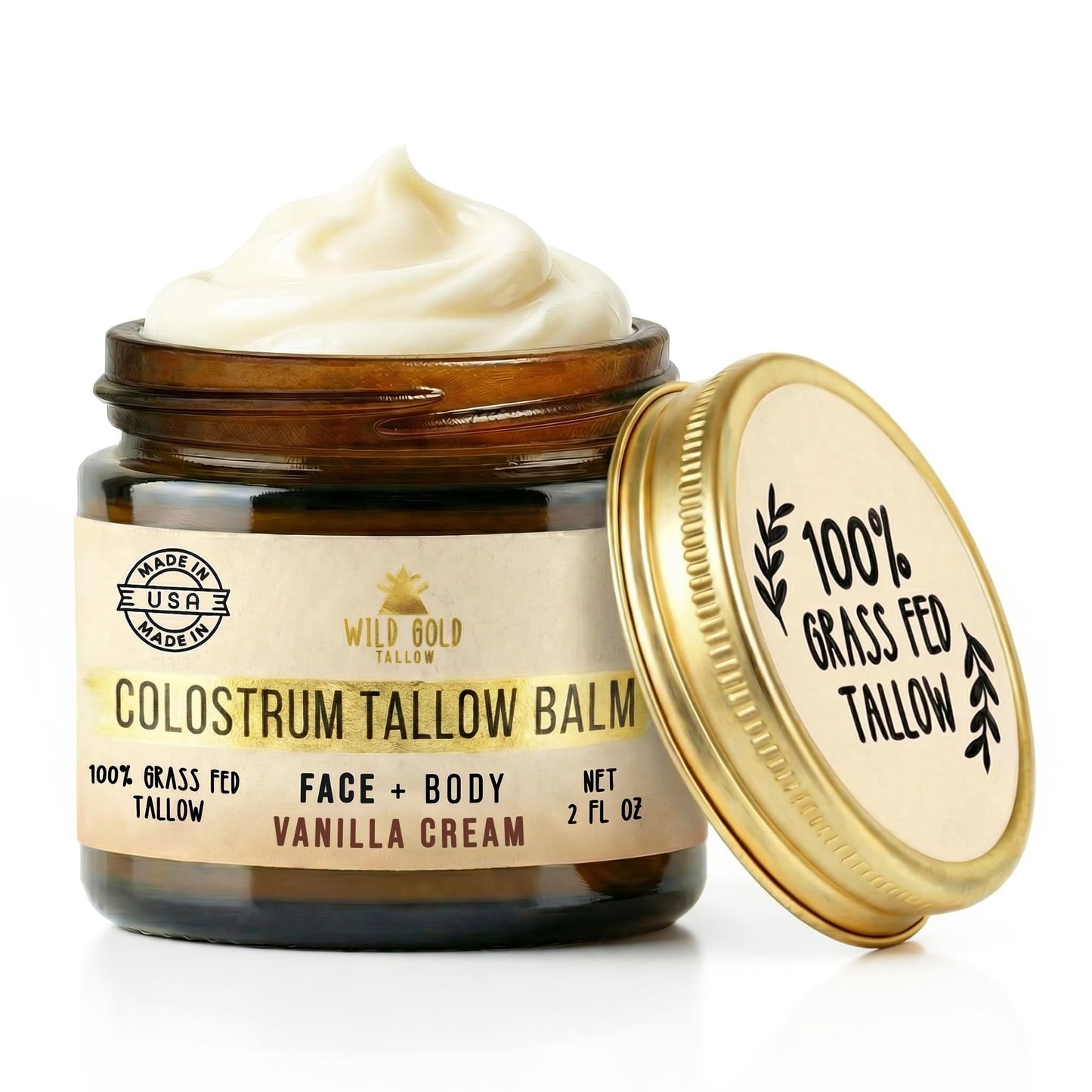 100% Grass Fed Tallow Balm with Colostrum & Emu Oil - Handmade Whipped Beef Tallow for Face and Body, Sensitive Skin Tallow Moisturizer made with True First Colostrum, (Vanilla + Ylang Ylang)