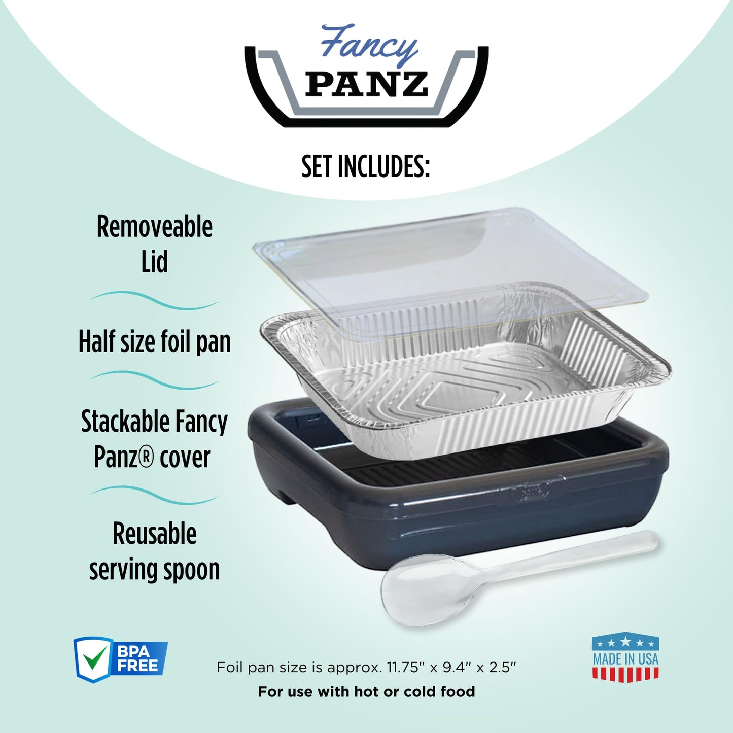 Fancy Panz Classic, Food Serving Tray, Made in the USA Foil Pan Carrier, Stackable Aluminum Pan Holders with Clear Lid, Travel Casserole Carrier With 1 Disposable Foil Pan & Serving Spoon, Charcoal