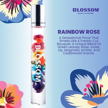 Blossom Roll on Perfume for Women Alcohol Free Rollerball Perfume Oil with Essential Oils, Infused with Real Flowers, Made in USA, 0.20oz (Rose, Violet, Lily, Magnolia, Amber, Cedarwood) Rainbow Rose