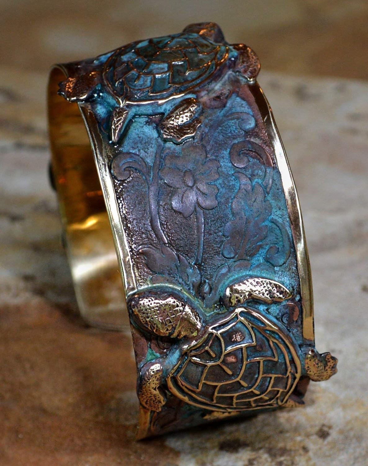 Verdigris Patina Solid Brass Classic Sea Turtle Cuff Bracelet by Elaine Coyne Made In USA