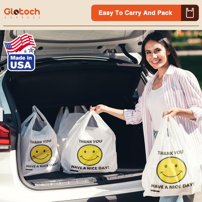 Glotoch 1000 Count - Plastic Thank You T-shirt Bags Smile Face White, 11.5 x 6.5"x 21" Grocery Bags with Handles for Restaurant, Retail, Grocery Store, Takeout, Convenience Stores, Shopping Bag in Bulk